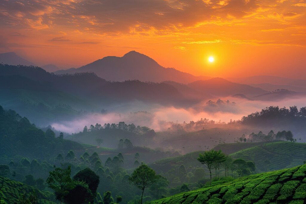 Sunrise over tea plantations in Munnar, Kerala, India, high detail, 8k --ar 3:2 Job ID: d258ef34-ba20-4ea8-a308-2d82f5514e34 Star Emirates Munnar